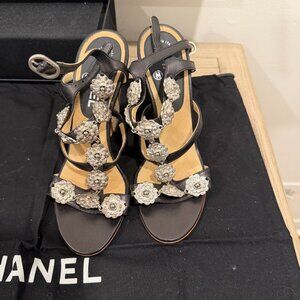 CHANEL Ankle Strap Wedge Sandals